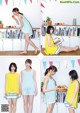 A collage of photos of a woman in a yellow top and blue shorts.