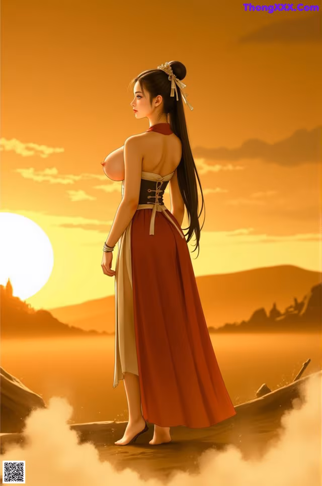 A woman in a long dress standing in front of a sunset.